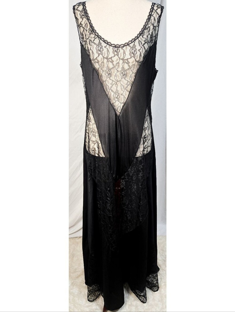 Vintage 90s 80s Slip Dress Maxi Black Satin Lace Lingerie Plus Size Whimsigoth
